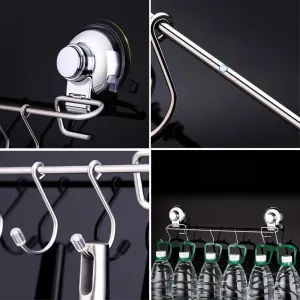 YamaziHD Strong Stainless Steel Towel Shower Rack Hook, Vacuum Suction Cup Wall Mounted Rack Bar Rail Hanger with 6 Sliding Hooks for Kitchen and Bathroom Tools