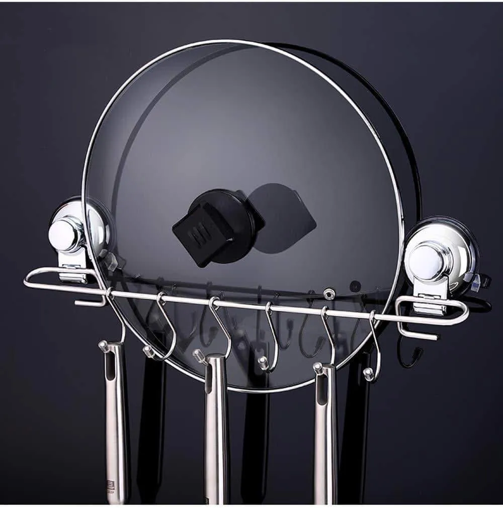 YamaziHD Strong Stainless Steel Towel Shower Rack Hook, Vacuum Suction Cup Wall Mounted Rack Bar Rail Hanger with 6 Sliding Hooks for Kitchen and Bathroom Tools