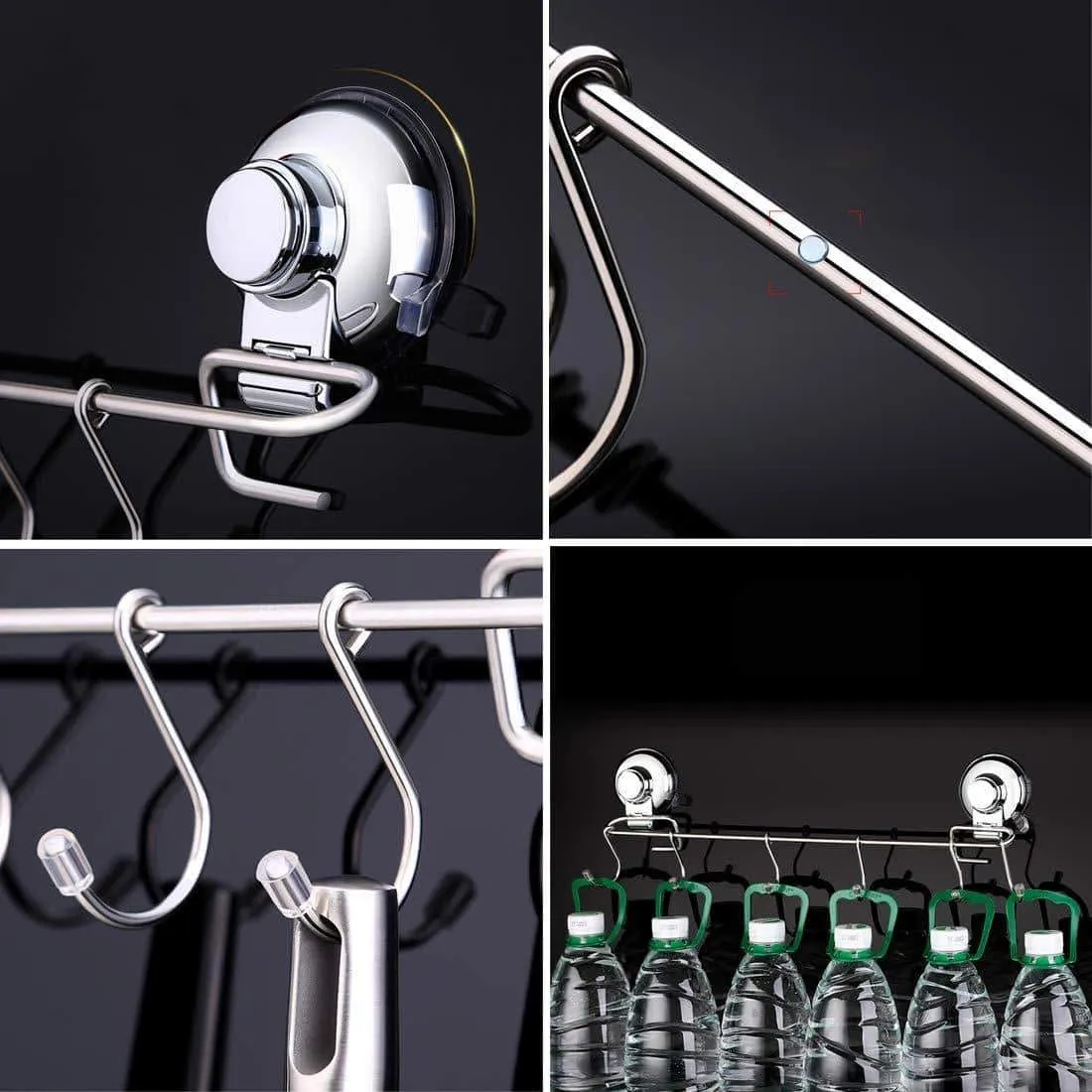 YamaziHD Strong Stainless Steel Towel Shower Rack Hook, Vacuum Suction Cup Wall Mounted Rack Bar Rail Hanger with 6 Sliding Hooks for Kitchen and Bathroom Tools