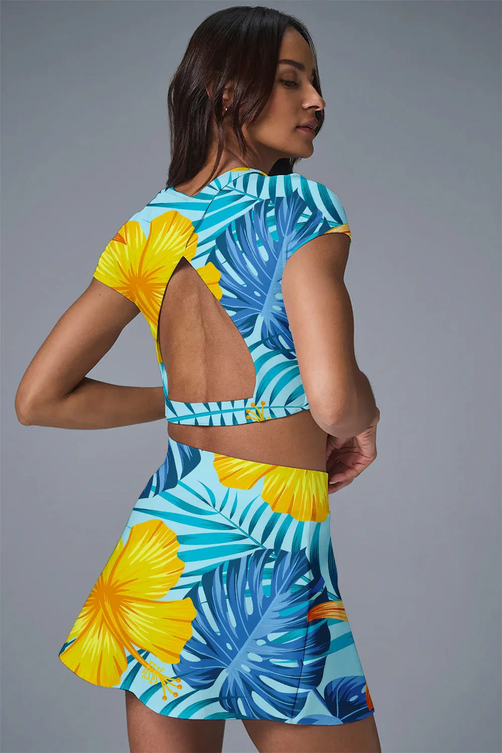 Yellow Hibiscus & Blue Palm Print Activewear Set