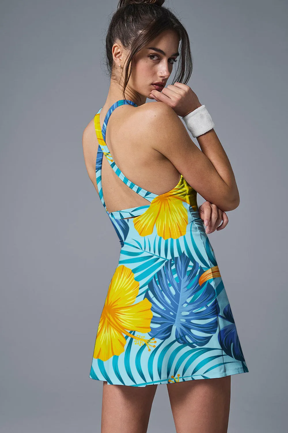 Yellow Hibiscus & Blue Palm Print Activewear Set