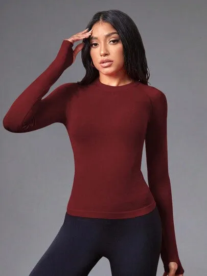 Yoga Basic Women’s Solid Color Raglan Sleeve Sports Top – Seamless with Thumb Holes