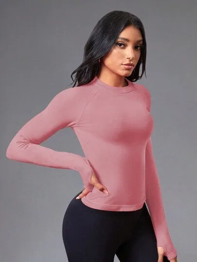 Yoga Basic Women’s Solid Color Raglan Sleeve Sports Top – Seamless with Thumb Holes