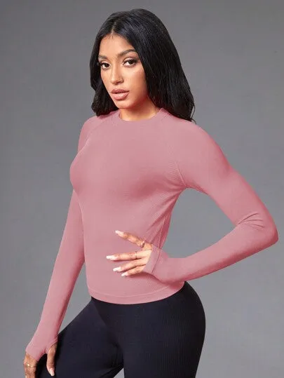 Yoga Basic Women’s Solid Color Raglan Sleeve Sports Top – Seamless with Thumb Holes