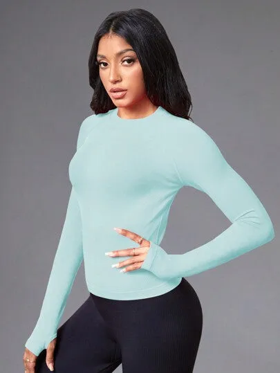 Yoga Basic Women’s Solid Color Raglan Sleeve Sports Top – Seamless with Thumb Holes