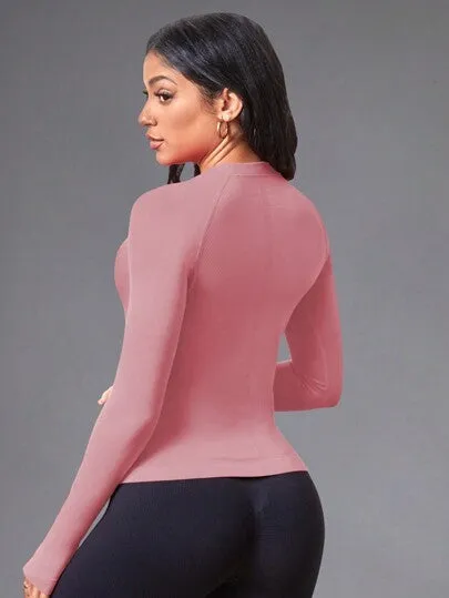 Yoga Basic Women’s Solid Color Raglan Sleeve Sports Top – Seamless with Thumb Holes