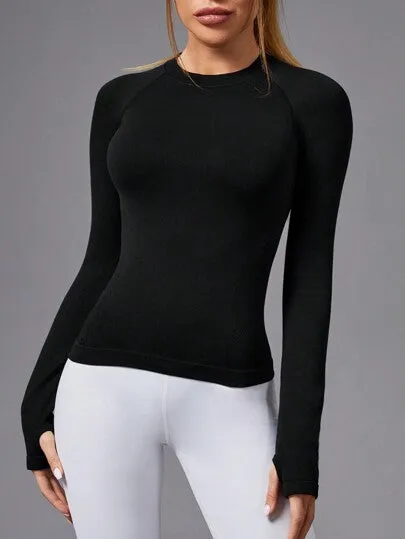 Yoga Basic Women’s Solid Color Raglan Sleeve Sports Top – Seamless with Thumb Holes