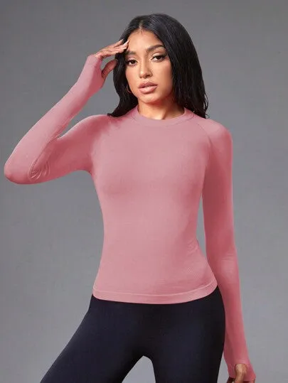 Yoga Basic Women’s Solid Color Raglan Sleeve Sports Top – Seamless with Thumb Holes