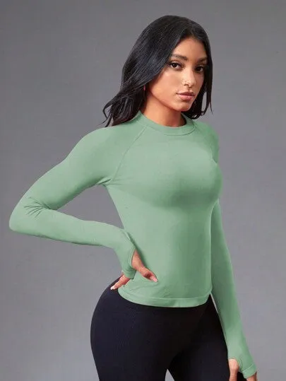 Yoga Basic Women’s Solid Color Raglan Sleeve Sports Top – Seamless with Thumb Holes