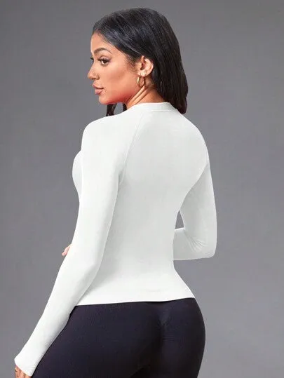 Yoga Basic Women’s Solid Color Raglan Sleeve Sports Top – Seamless with Thumb Holes