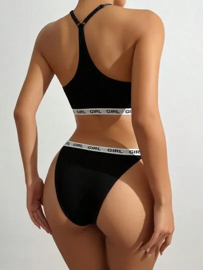 Yoga Letter Print Bra & Panty Set – Woven Band, Sporty & Stretchy