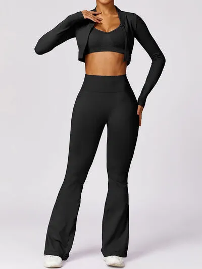 Zip Up Baseball Collar Outerwear and High Waist Pants Active Set