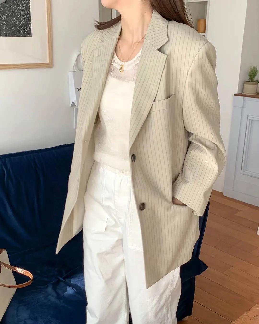 ZOOEY PINSTRIPE BLAZER BEIGE